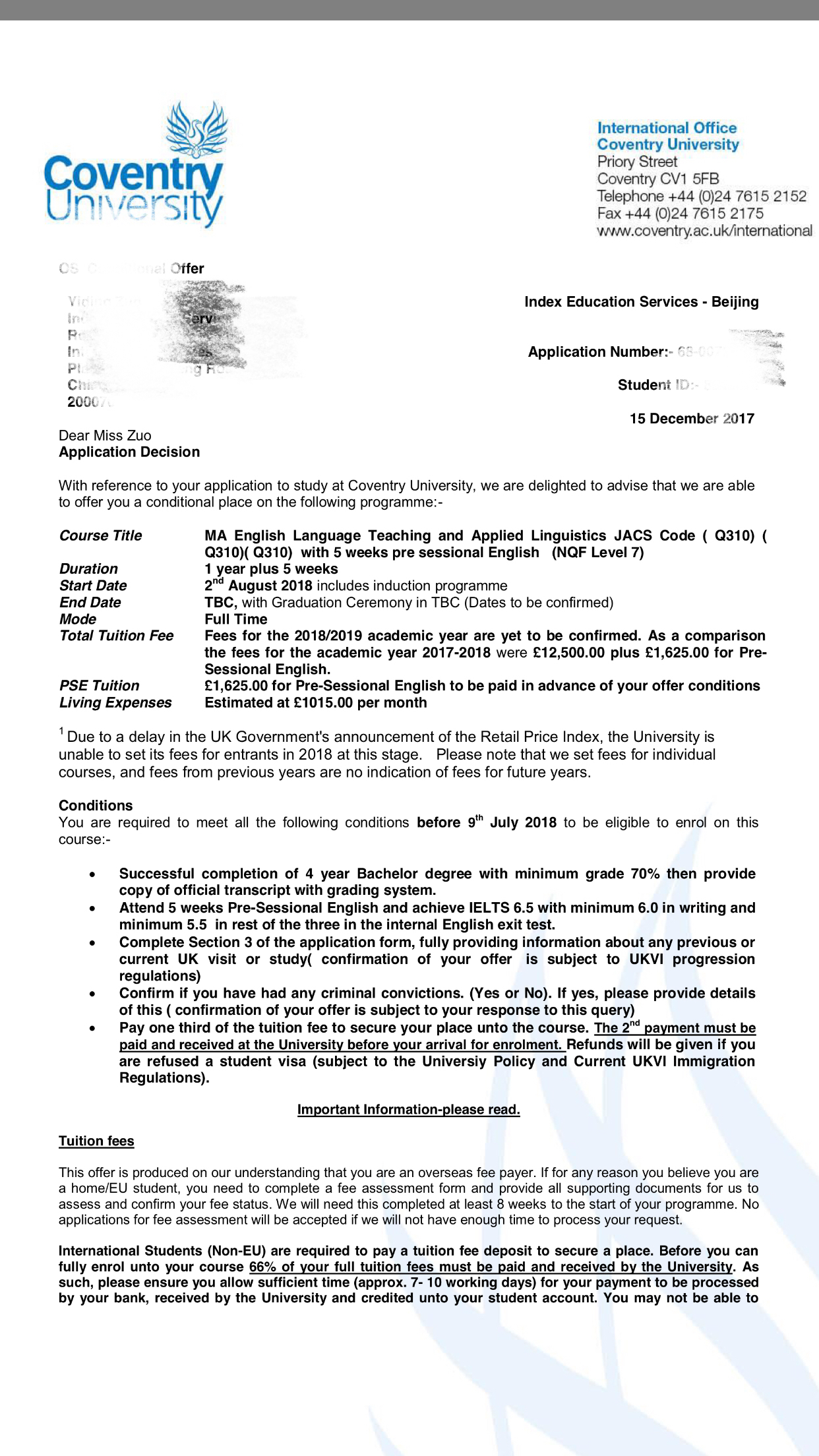 恭喜左同学获得英国考文垂大学，英语教学与应用语言学硕士录取！！！