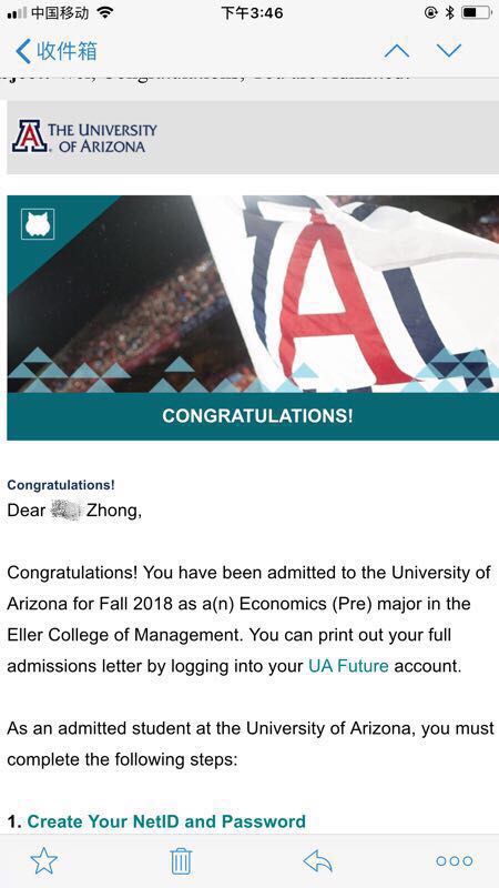 恭喜钟同学获得美国亚利桑那大学本科转学录取通知书！！！